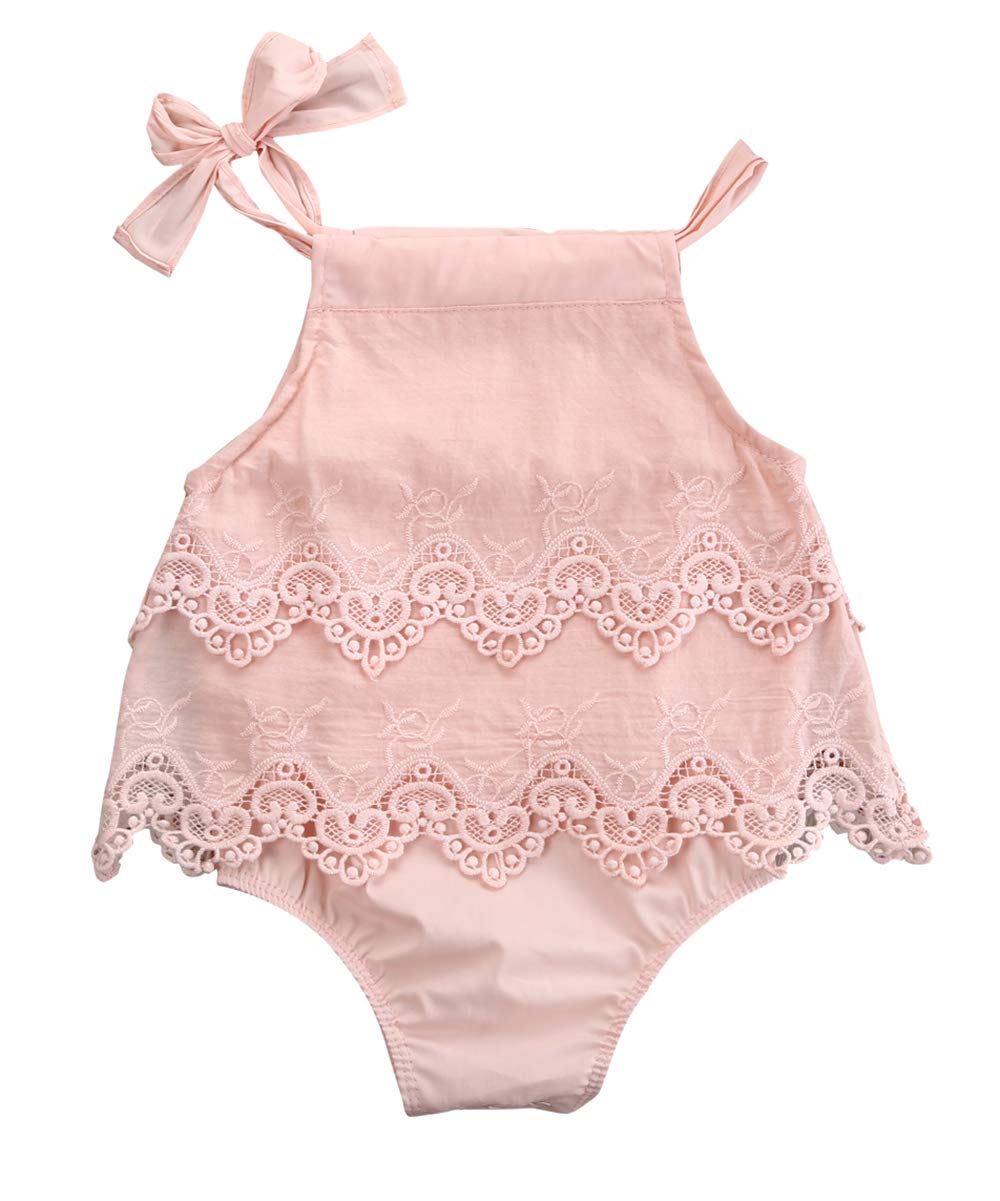Newborn Baby Girl Romper Lace Floral Bodysuit Sleeveless Jumpsuit Outfit Ruffled Sunsuit 0-18M (0-3 Months, Pink)