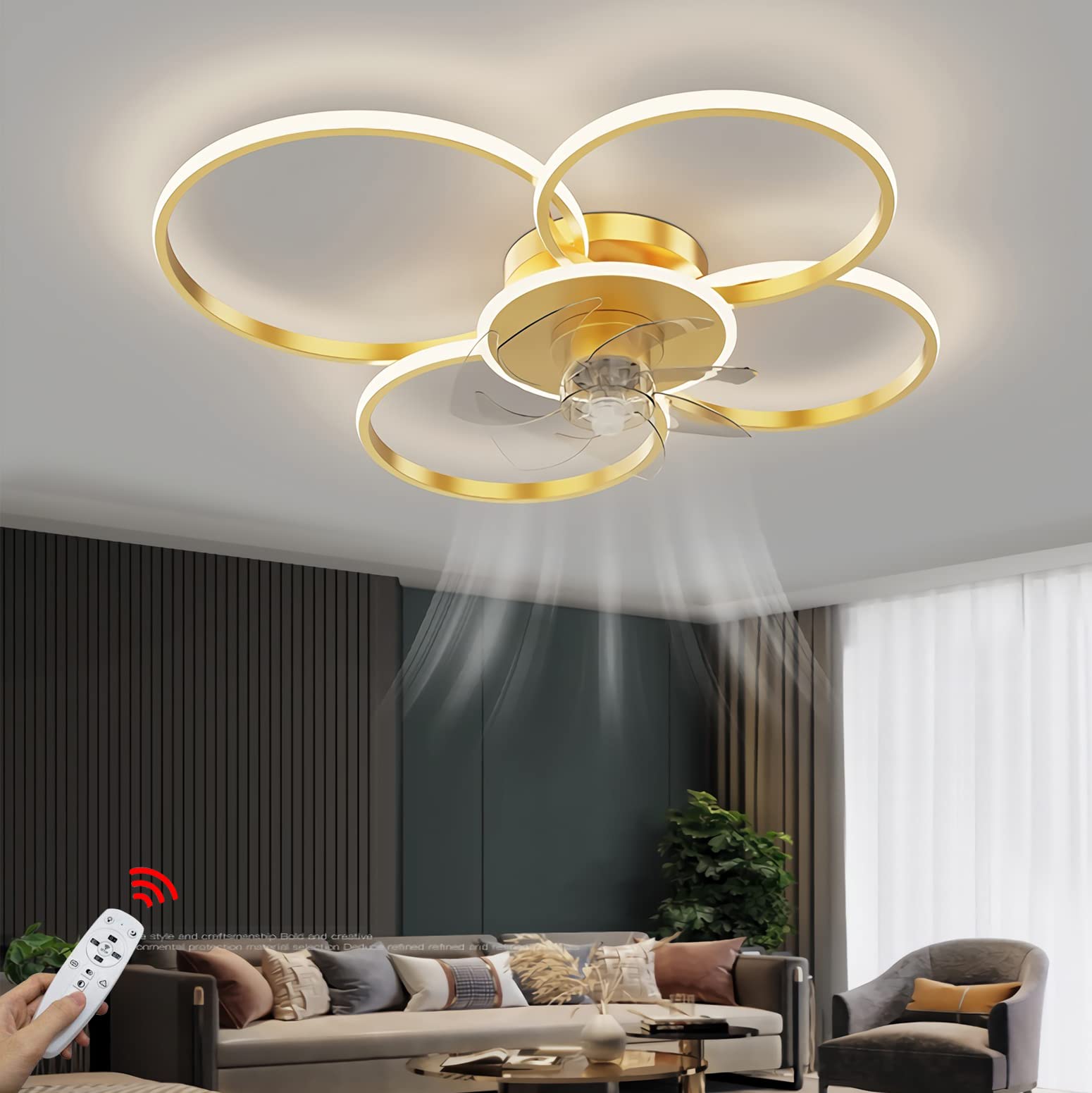 WJYCYN Modern Quiet Ceiling Fan with Lighting LED Living Room Ceiling Light Dimmable with Fan and Remote Control Ultra Thin Ring Fan Lamp for Bedroom Kitchen Children's Room Lights (Gold, 4 Rings)