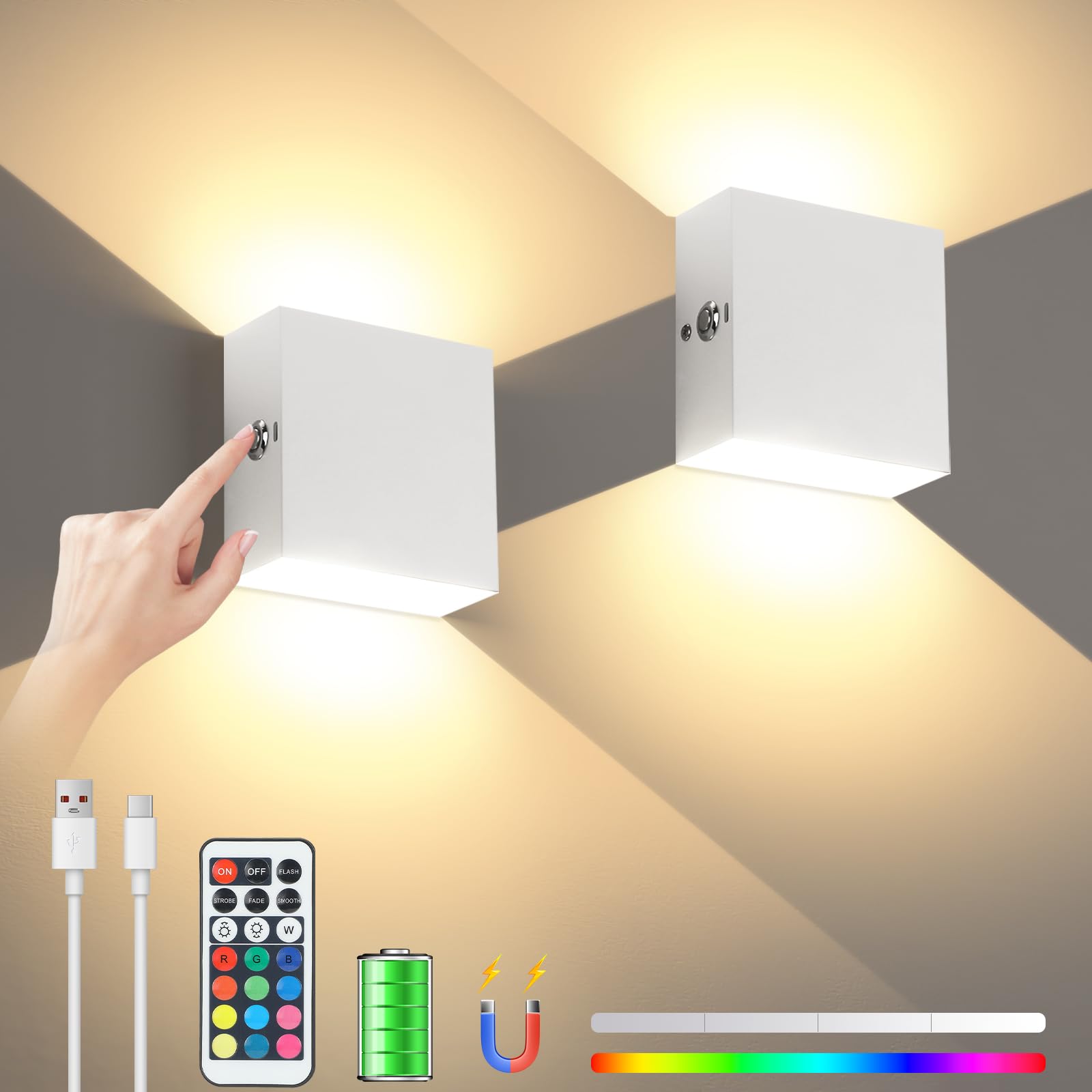 Lightess LED Wandleuchten Innen Batteriebetrieben Dimmbare Wandleuchte Aufladbar USB mit Touch Control Up Down Wandlampe Akku Wandleuchten für Schlafzimmer Wohnzimmer Mit Fernbedienung RGB 2 Pcs Weiß