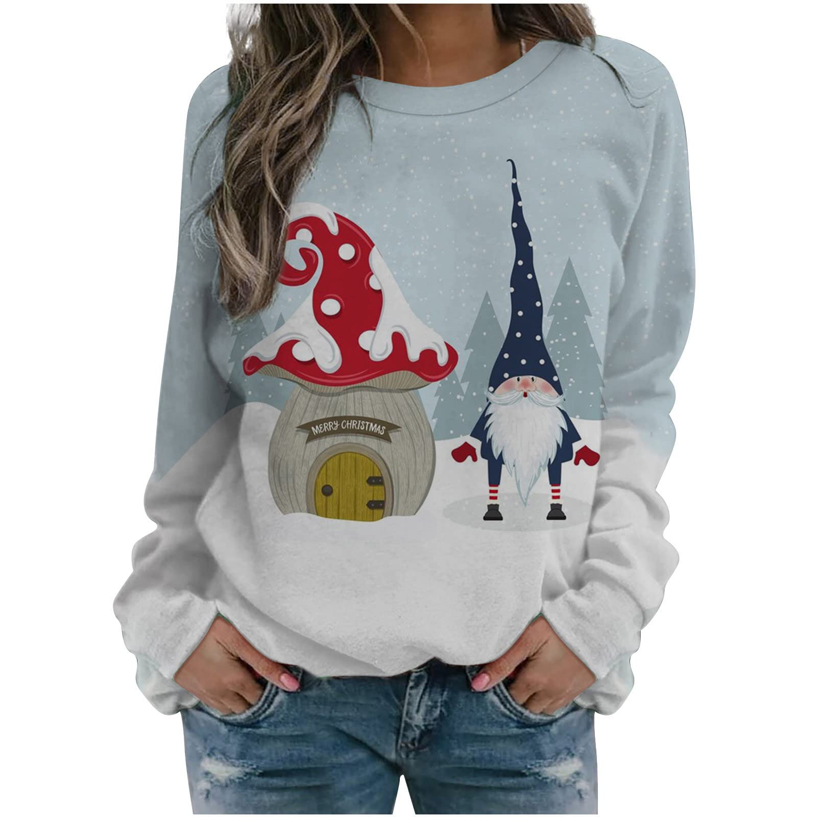 Alwyeans Christmas Jumpers for Women UK Plus Size Funny Graphic Print Sweatshirt Reindeer Santa Xmas Jumper Crewneck Long Sleeve Pullover Ladies Elegant Party Tunic Tops Thermal Tops Size 8-16