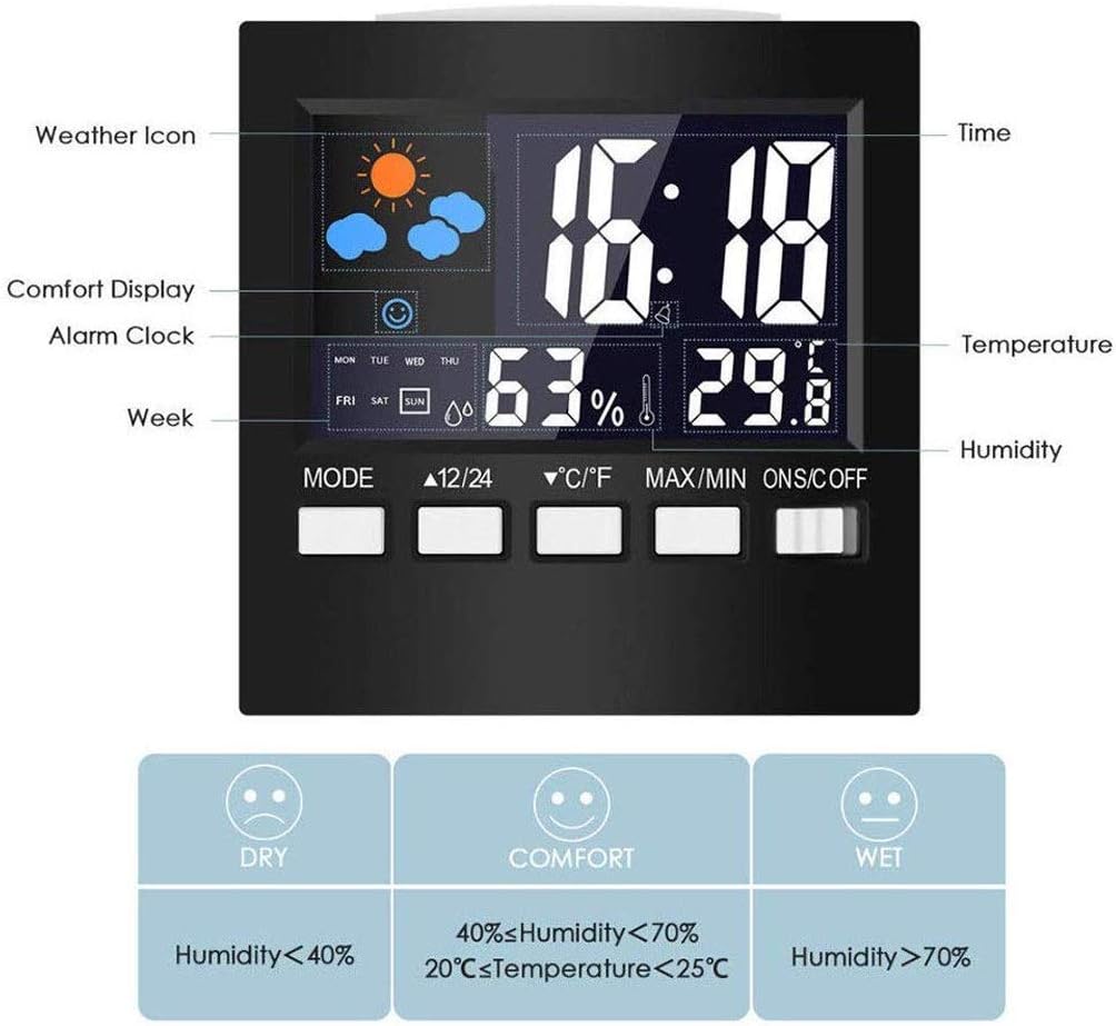 Room Thermometer - Indoor Household Temperature and Humidity Meter Electronic Thermometer Hygrometer with Alarm Clock