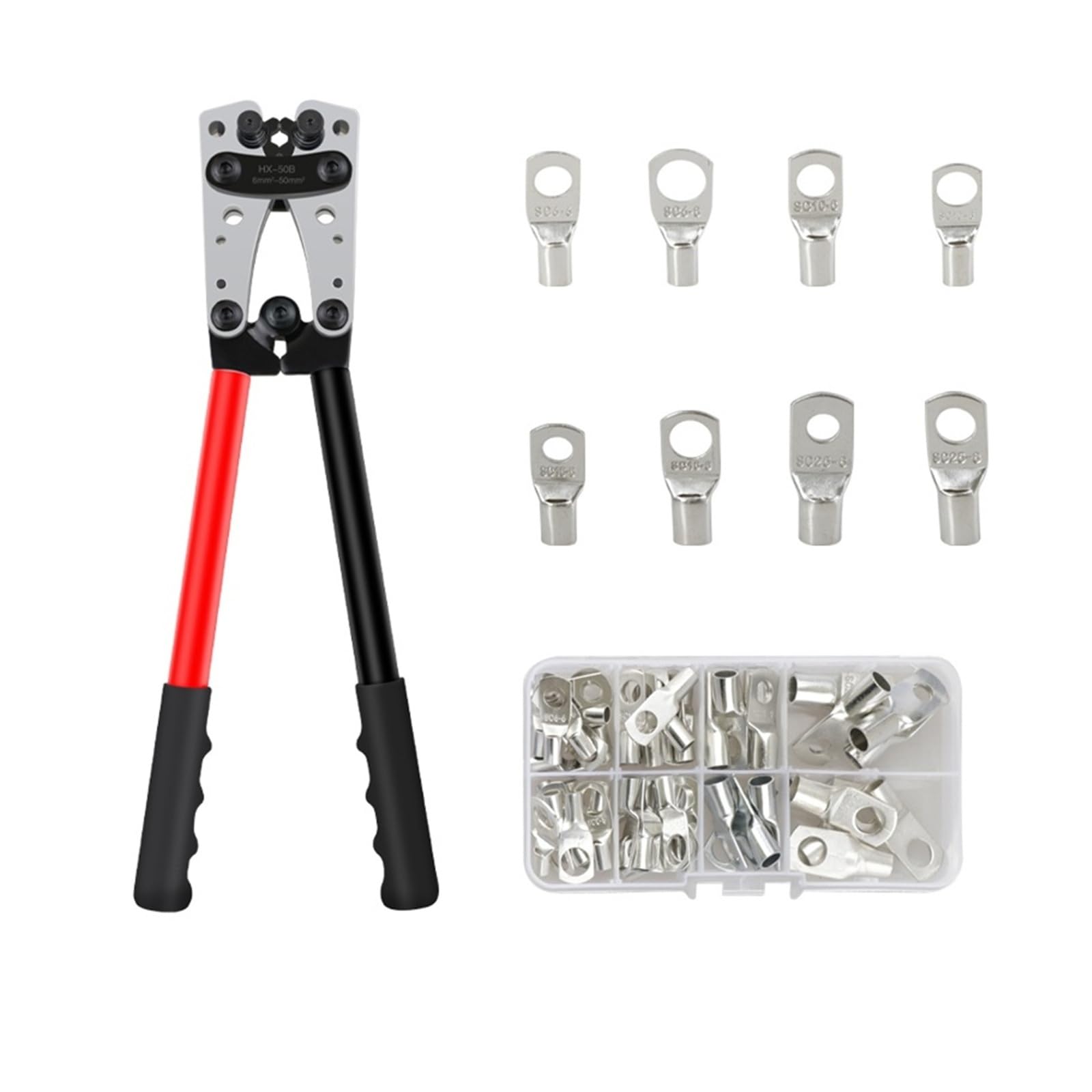 Crimping Pliers Tube Terminal Crimper Hex Crimp Tool Multitool Battery Cable Lug Hand Tools HX-50B 6-50mm² AWG 10-0(HX-50B r and 60pcs)