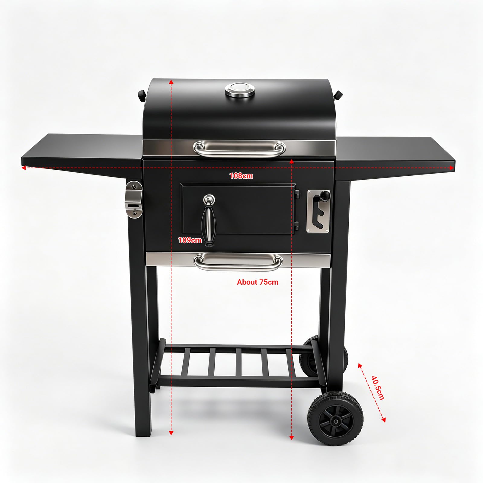 LQWELL Grillwagen, Holzkohlegrill BBQ Smoker Trolley, Standgrill mit Deckel, Edelstahl-griff, Grillrost, Thermometer, Flaschenöffner und Rädern, Maße ca. L109 x W54 x H94.5 cm, Schwarz