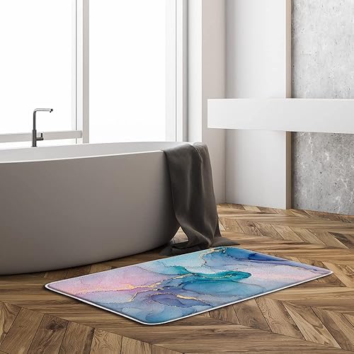 Miniatura 2 de Alfombra de baño de mármol azul turquesa rosa textura moderna abstracta rayas doradas Ombre acuarela de lujo geométrica tinta impresión de