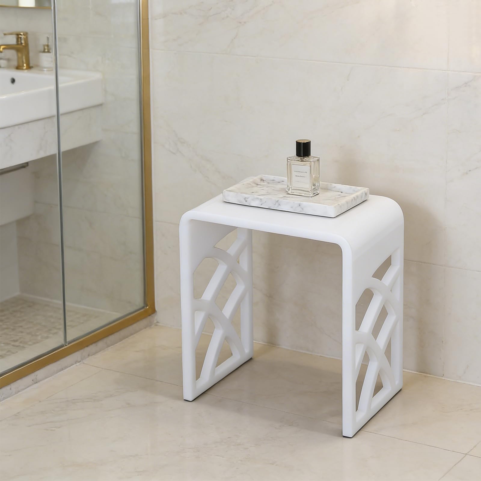 Banco de ducha de acrílico, hasta 300 kg, blanco, taburete de ducha, moderno taburete de ducha de acrílico en forma de U, taburete de baño para baño, salón, entrada, dormitorio (40 x 27 x
