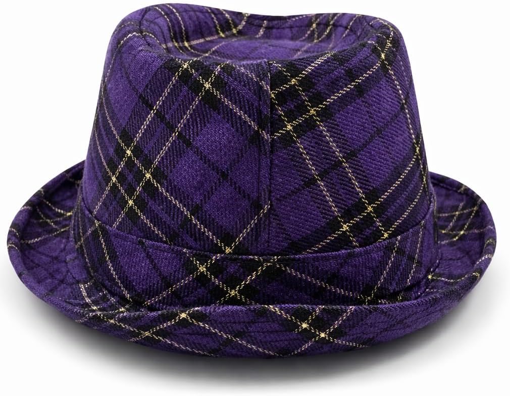 GiftExpress Mardi Gras Fedora Hat, Purple Plaid Costume Party Hat for Men and Women, Parade & Photo Booth Accessory, One Size Fits Most Adults