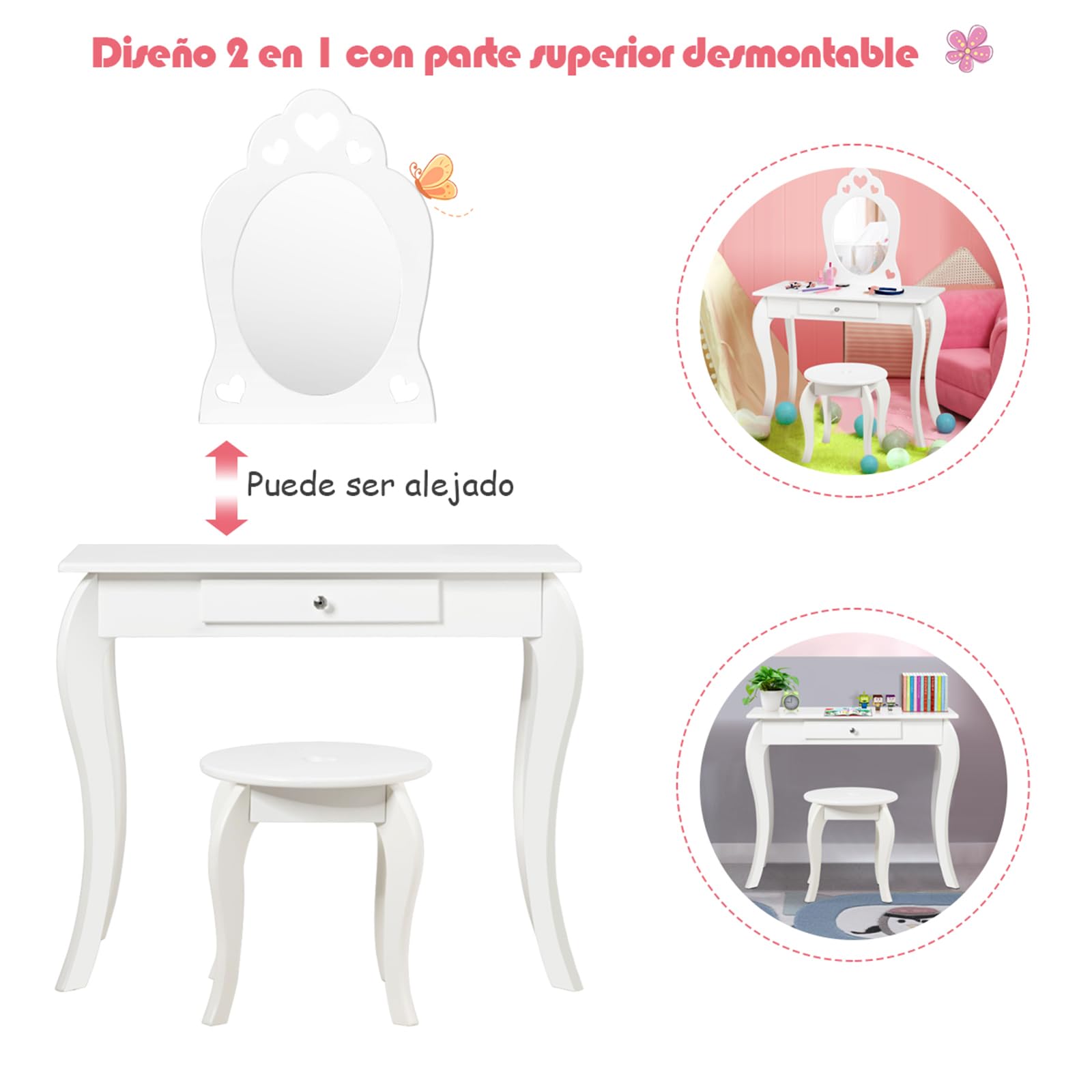 COSTWAY Tocador con Taburete y Espejo para Niña de Madera 70x57x105 centímetros Mesa de Maquillaje con Cajón (Blanco)