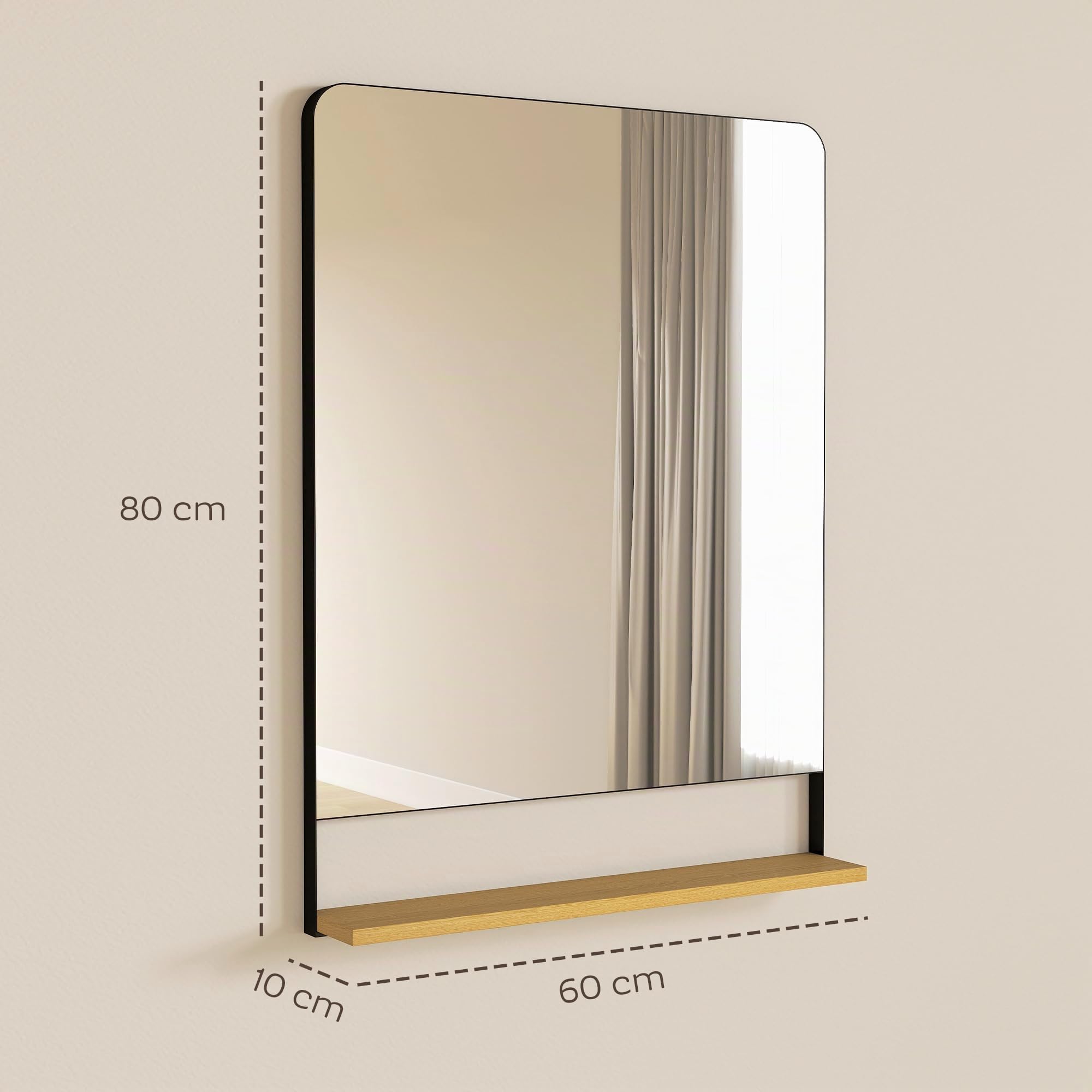 HOMCOM Espejo pared con estante madera 80x60 cm Marco metálico negro | Espejo rectangular, para entrada, salón, baño