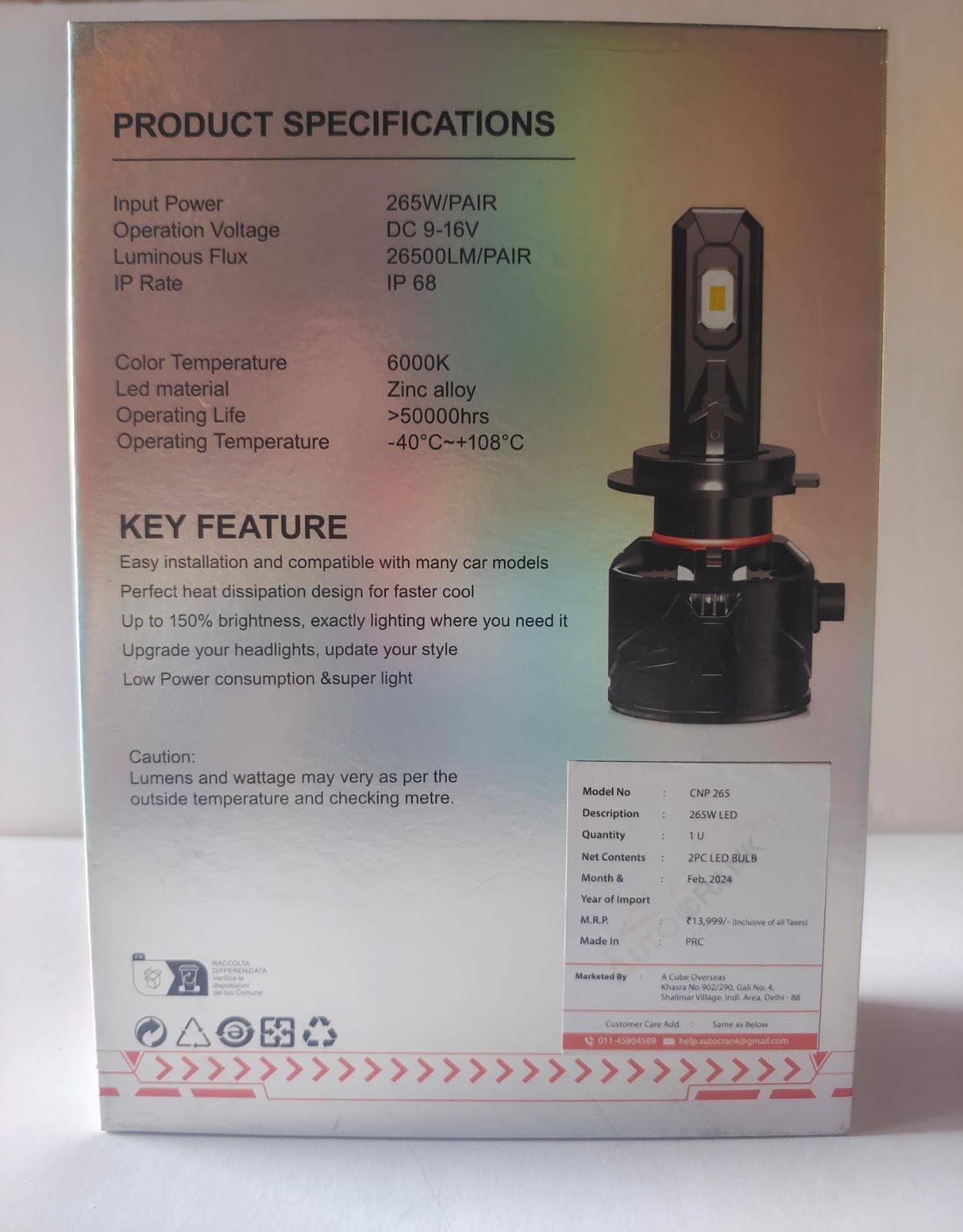 AUTOCRANK H8 Led Headlight Bulb For Car 265W 26500 Lumens Pair