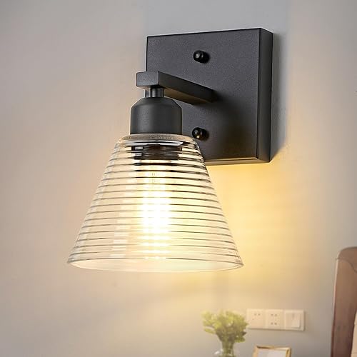 Miniatura 2 de Lámpara de tocador de baño de 1 luz, accesorios de iluminación de baño modernos negros con pantalla de vidrio transparente, apliques de pared de