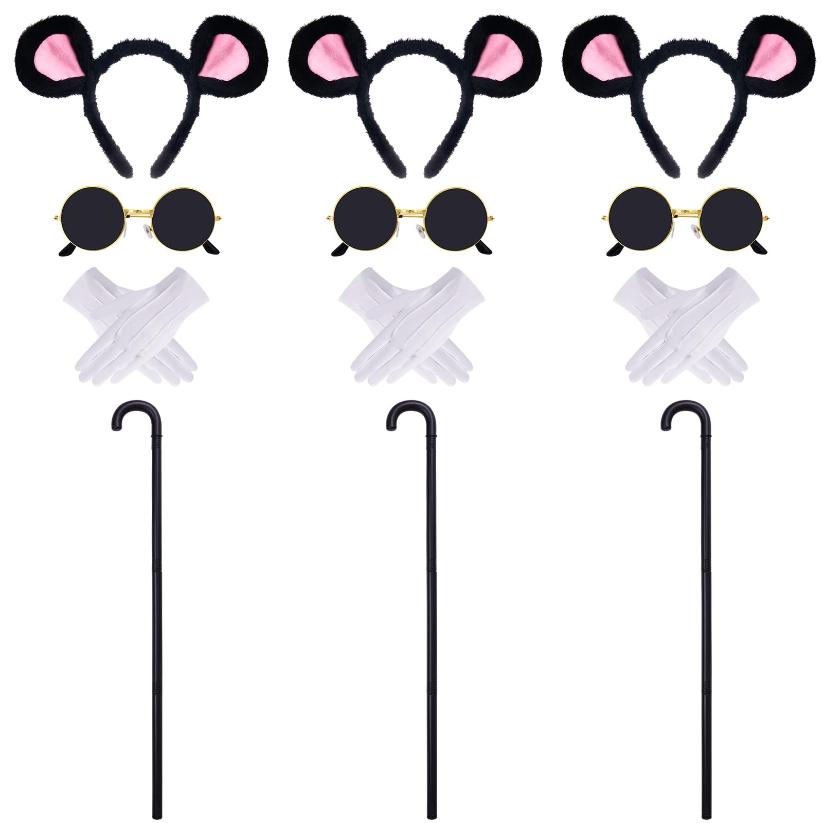 12 Pcs Mouse Costume Accessories Set Mouse Ears Headband Sunglasses Blind Cane White Gloves for Halloween Adult Women Costume