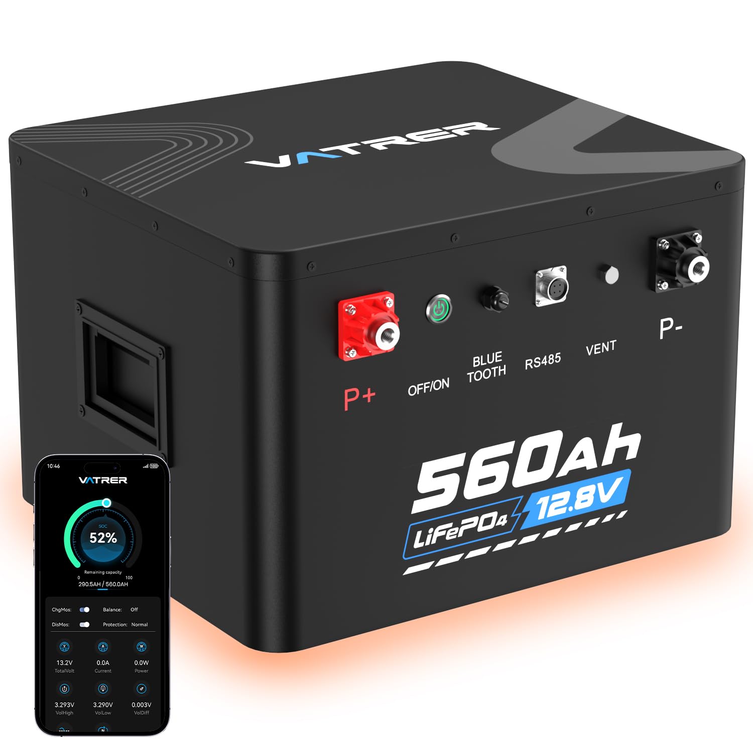 VATRER POWER Batería LiFePO4 12,8V 560Ah Autocalentable Bluetooth | BMS Inteligente 200A·7168Wh Energía Útil·5000+ Ciclos·Autocaravana,Sistema Solar & Aislado