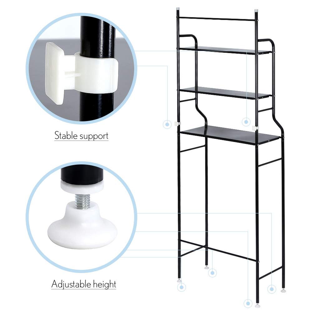 Estanteria sobre Inodoro WC Lavadora Ahorra Espacio Almacenamiento Cuarto Baño,Estante Encima del Inodoro 3 Baño WC Aseo Mueble Almacenamiento Estantería Visualización Organizador (157*48*26cm-negro)