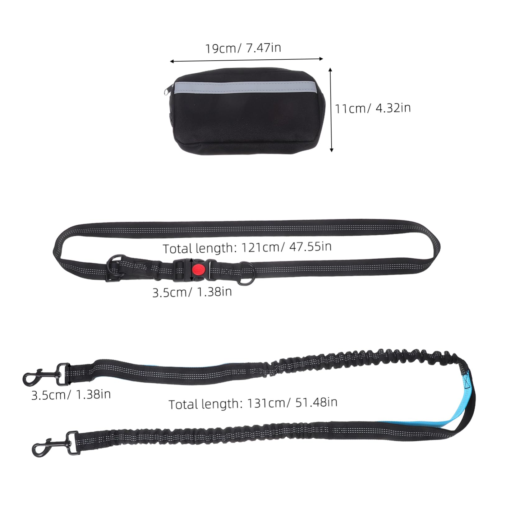 Guinzaglio da Corsa per Cani Elastico Riflettente Nero | Poliestere Leggero, Cintura con Waist Bag Inclusa, per Outdoor e Hiking