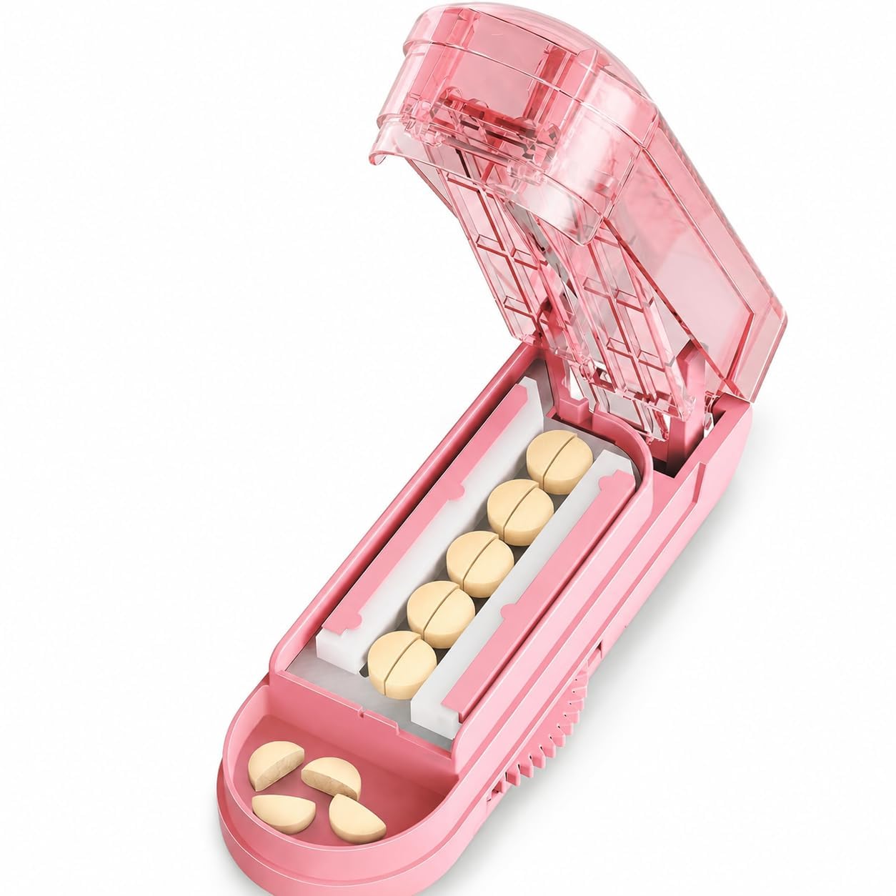 ONE PIX Multiple Pill Cutter Splitter for Small and Tiny Pills, Accurate 1/2 Tablet Splitter with Adjustable Bars &amp; Hidden Blade, Safely Cuts Large Medication for Seniors &amp; Pets (Pink)