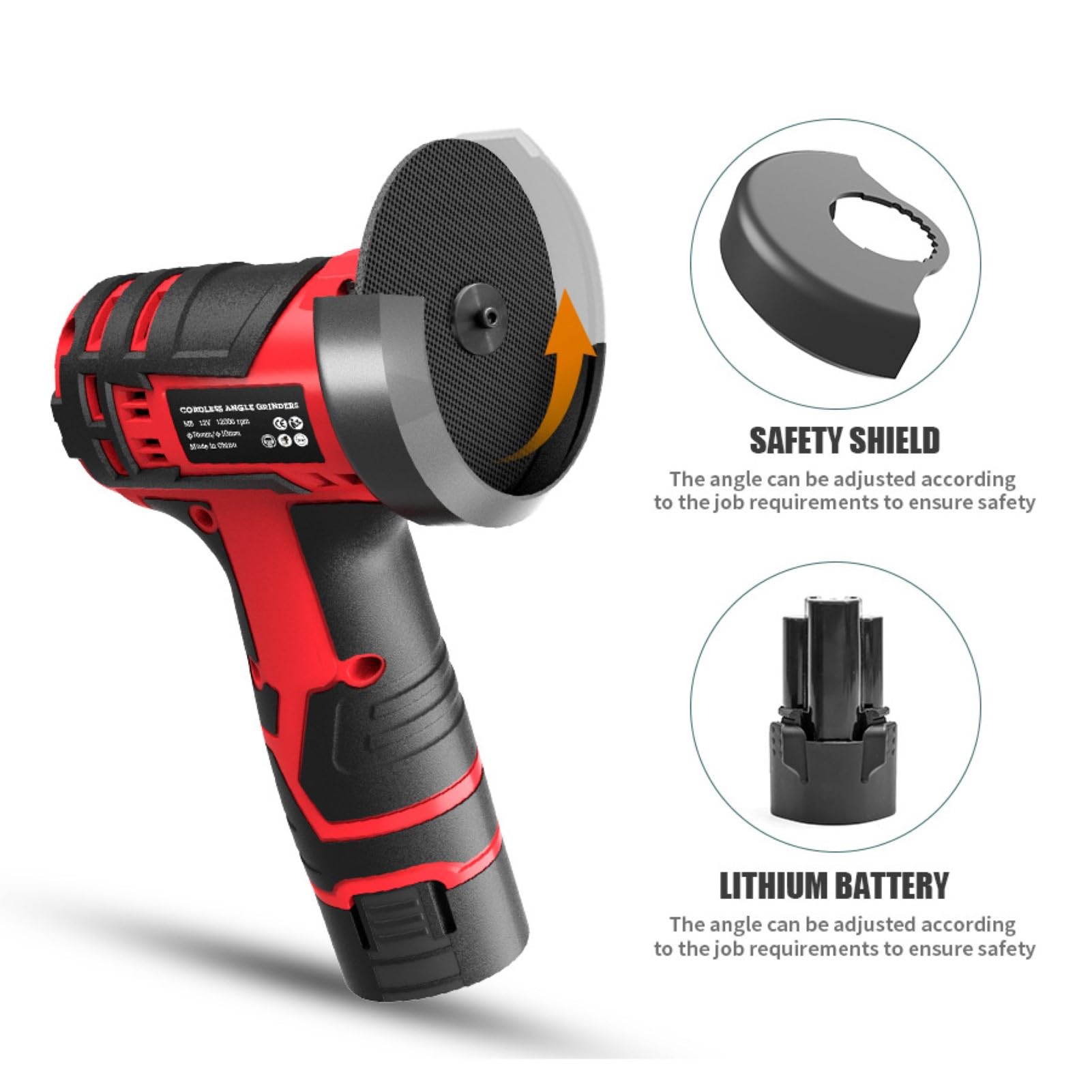 Mini amoladora angular | Kit inalámbrico de 12 V con 2 baterías de 2000 mAh y cargador | Amoladora compacta con discos de 76 mm para cortar, moler, pulir y afilar