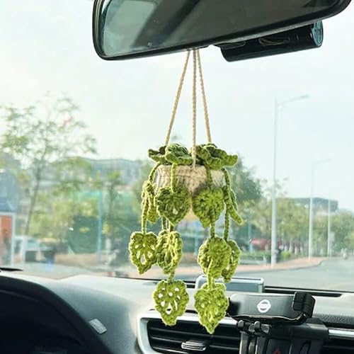 Miniatura 2 de Linda planta colgante de ganchillo para plantas de punto para espejo de coche, accesorios para colgar en el espejo retrovisor interior del coche,