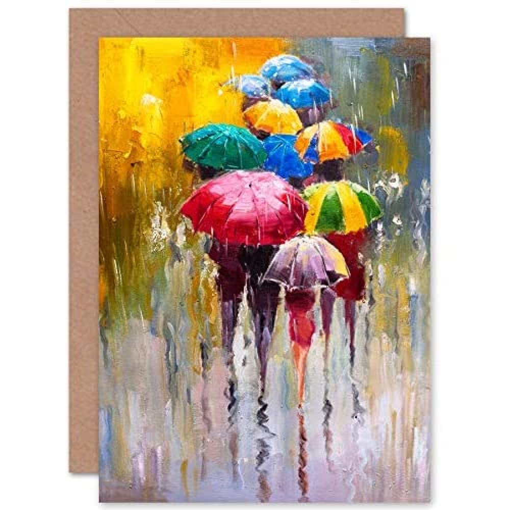 Wee Blue Coo Umbrellas In The Rain Painting Greeting Card With Envelope Inside Premium Quality