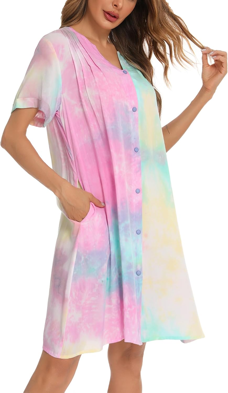 YOZLY House Dress Women Cotton Duster Robe Short Sleeve Housecoat Button Down Nightgown - Image 2