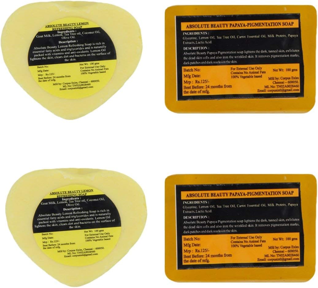 Absolute BeautyKhadi Lemon Refreshing & Papaya Pigmentation Bath Soap, Yellow, Lime & Papya, 100 g, Pack of 4