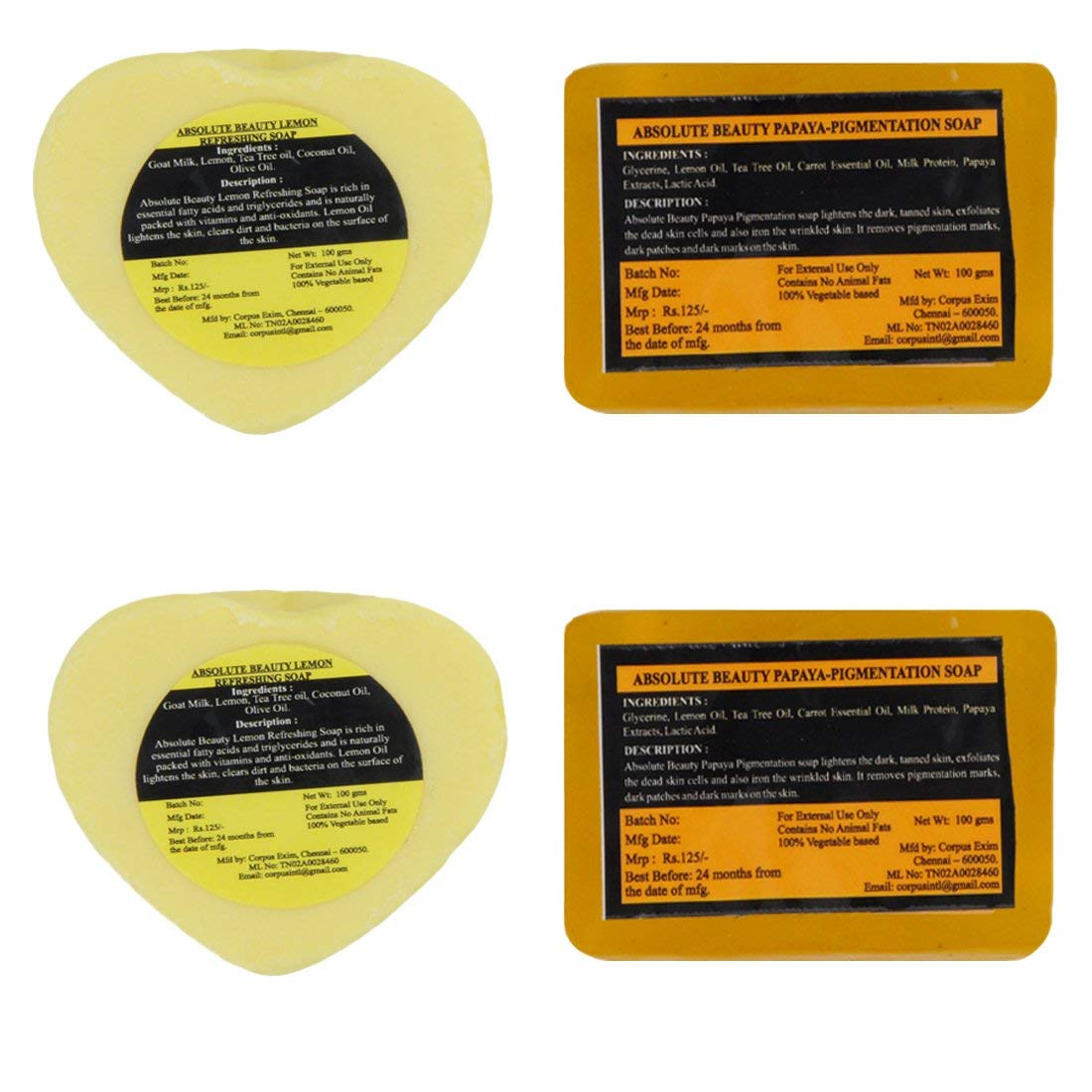 Absolute BeautyKhadi Lemon Refreshing & Papaya Pigmentation Bath Soap, Yellow, Lime & Papya, 100 g, Pack of 4