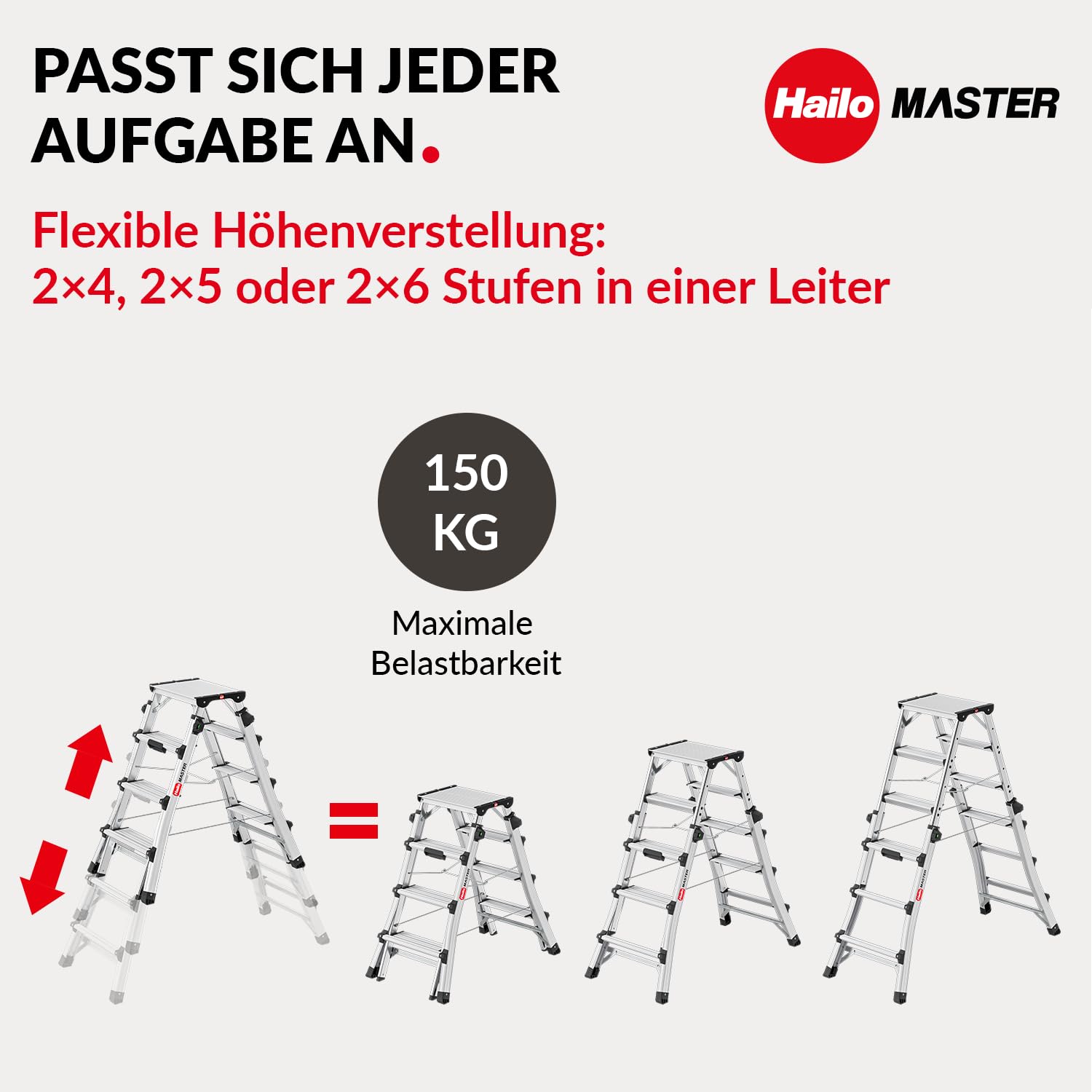 Hailo Master DTL100 Topline Teleskopleiter - ausziehbare, klappbare Aluminium-Leiter - Höhe verstellbar bis 1,31 m - 2 x 4, 5 oder 6 Stufen nutzbar - Gewicht: 8,9 kg