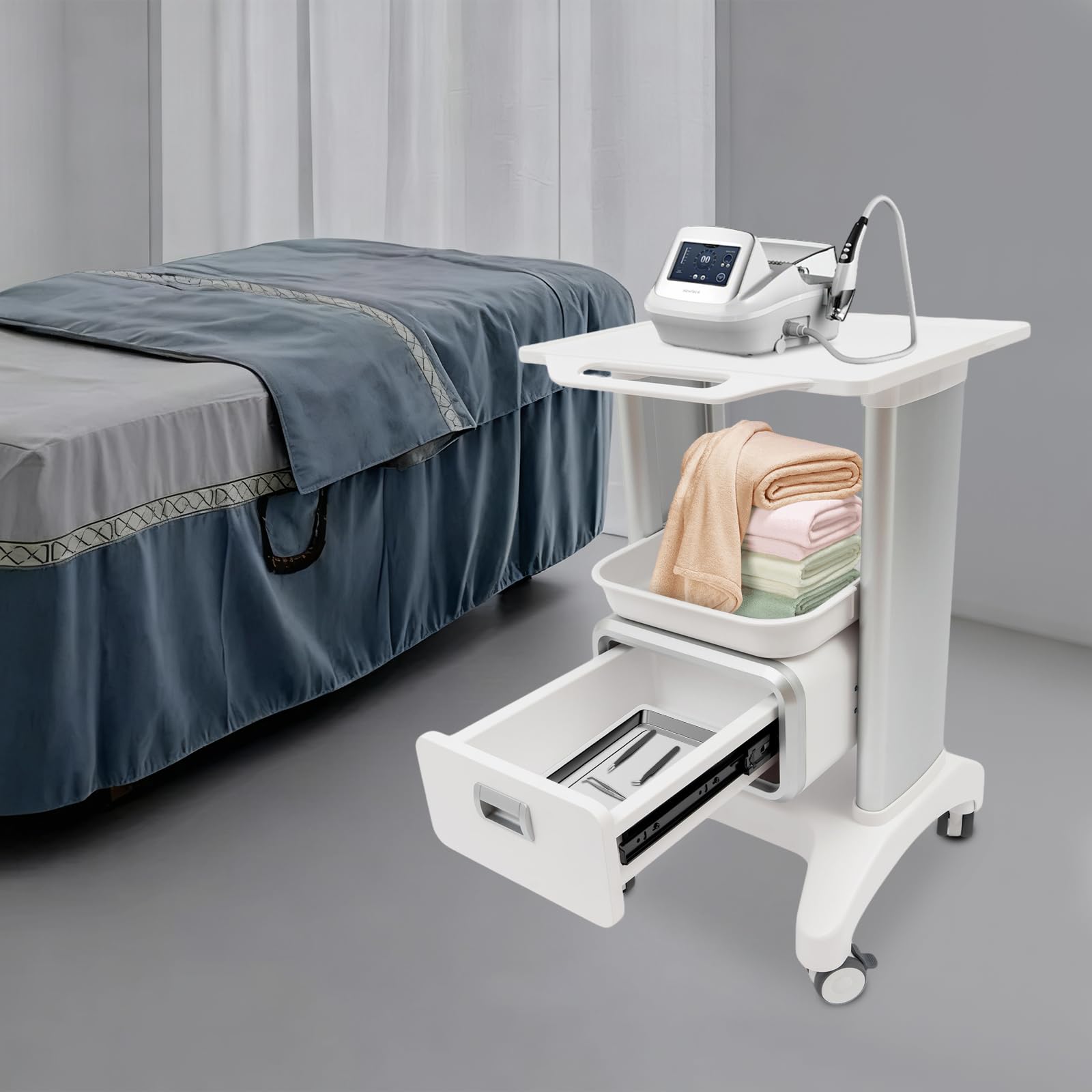 Wózek z szufladą, wózek kosmetyczny, 2 półki na kółkach, wózek laboratoryjny z hamulcem, mobilny wózek do laboratorium, studia kosmetycznego, fryzjera, biura, ABS