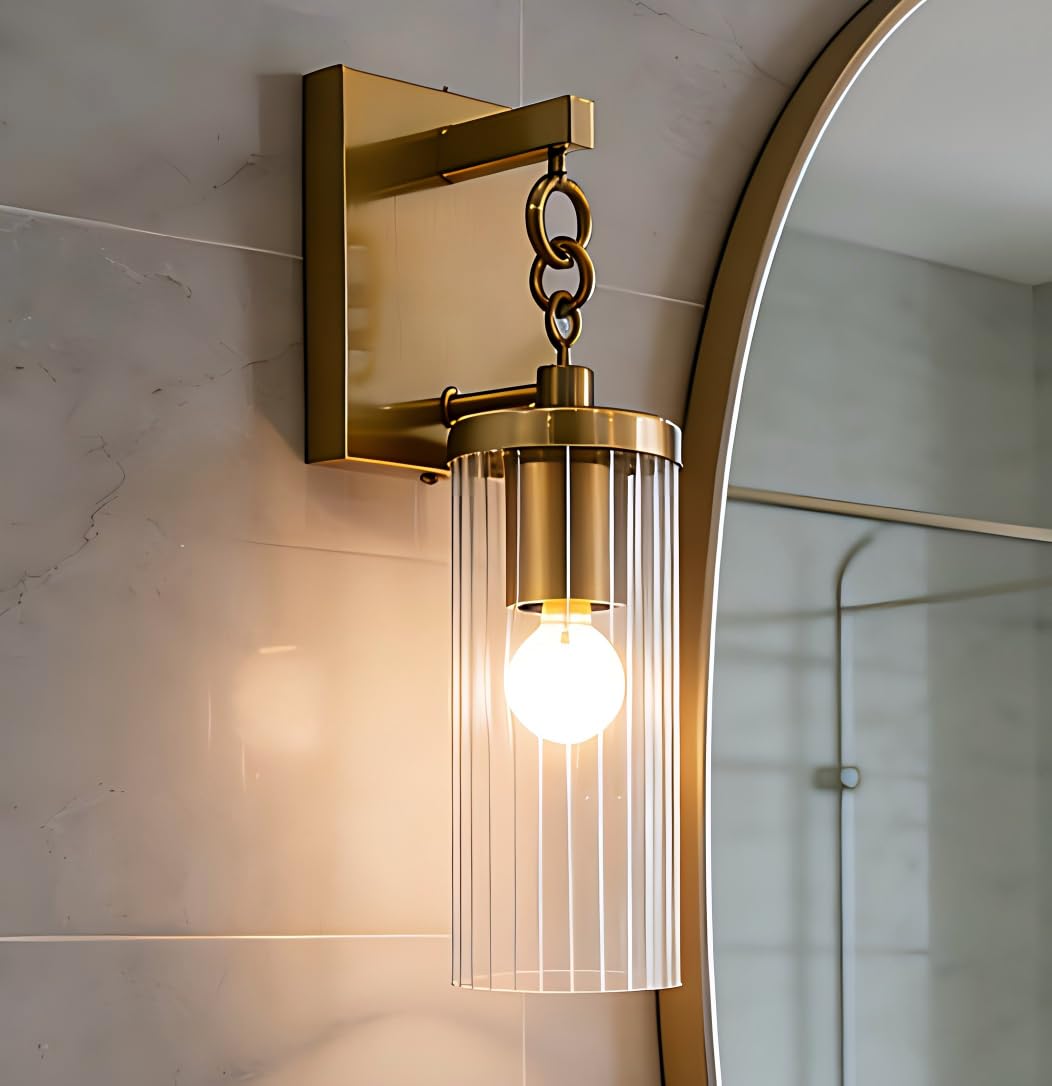 Photo 1 of Industrial Antique Brass Glass Vanity Wall Sconce, Textured Glass Shade - Hardwired Indoor/Outdoor Wall Light for Hallway, Bathroom, Porch & Entryway, 4.75" W x 12.75" H