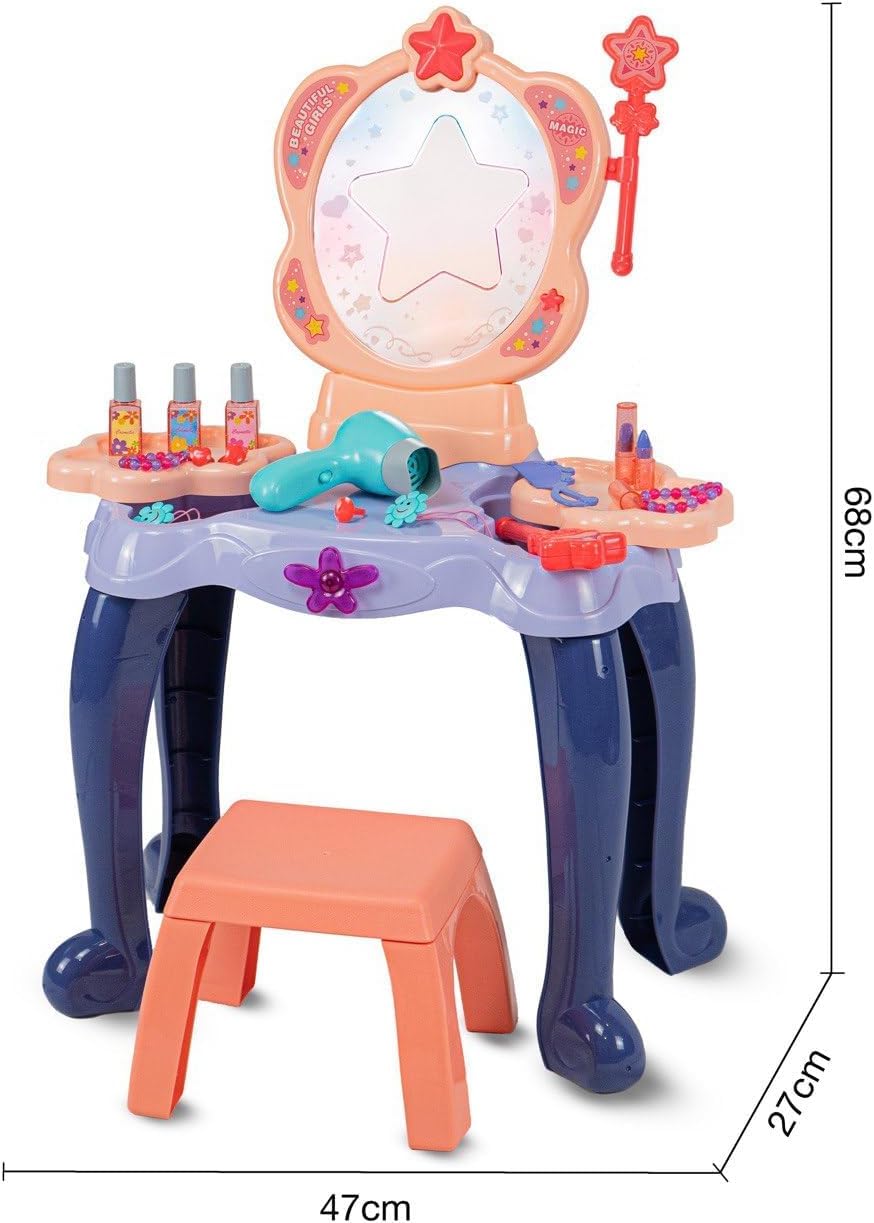 GalPat Baby - Tocador de Juguete niñas + Taburete - Incluye secador electrico + Accesorios - Espejo con música y Luces - Varita Mágica - Incluye 27 Piezas