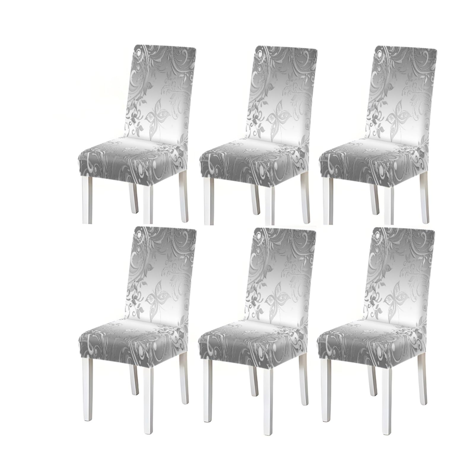 KXUAUV Silver Grey Floral Chair Covers Set Of 2/4/6, Luxury Stretch Dining Chair Slipcovers With Scroll Vine Print Seat Protectors for Restaurant Hotel Party(6PCSChair cover)