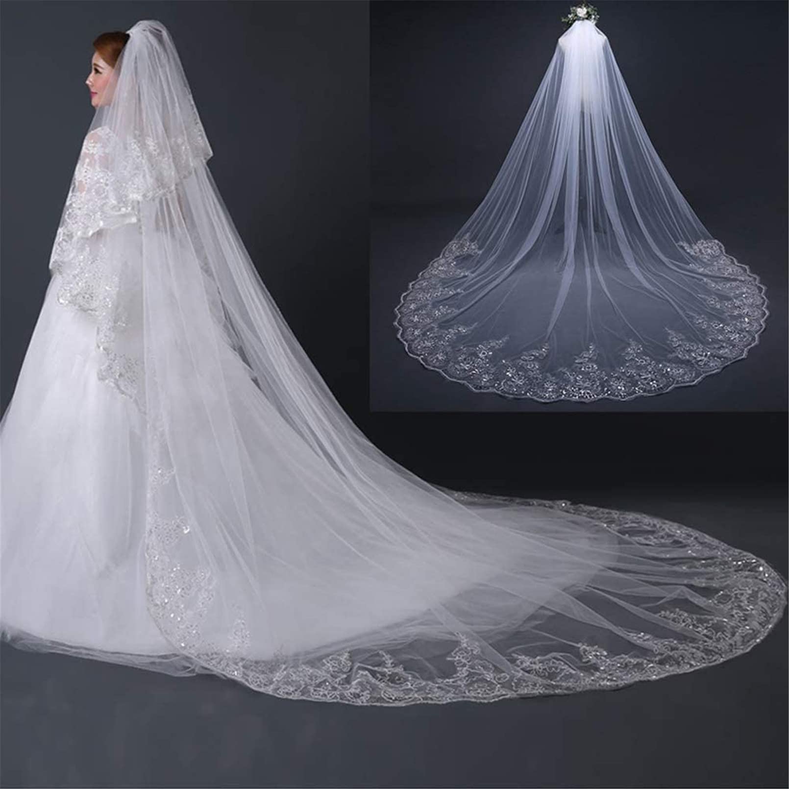 Großer 3/4/5M Schleppender Langer Hochzeitsschleier mit Kamm, Kathedrale Elegante 2-Stufige Brautschleier mit Spitze Pailletten Rand Weicher Tüll Brautkleid Zubehör für Damen