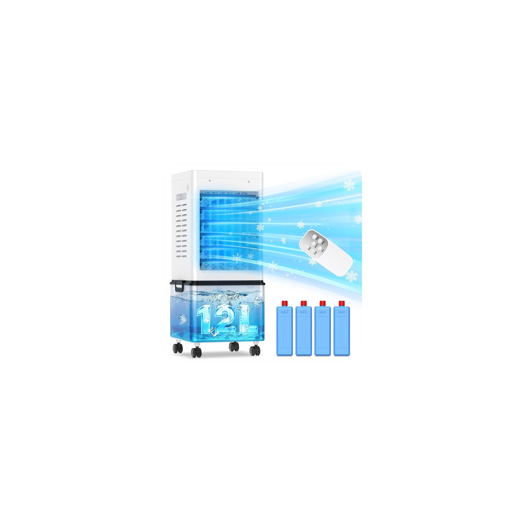 Klimaanlage Mobil 45W, Tragbarer Luftkühler3-seitiger Lufteinlass, 6 Modi, Verdunstungskühler mit 12L Abnehmbarem Tank, 24h Timer, 60/120° Oszillation, Leise, Fernbedienbar, für Zuhause & Schlafzimmer