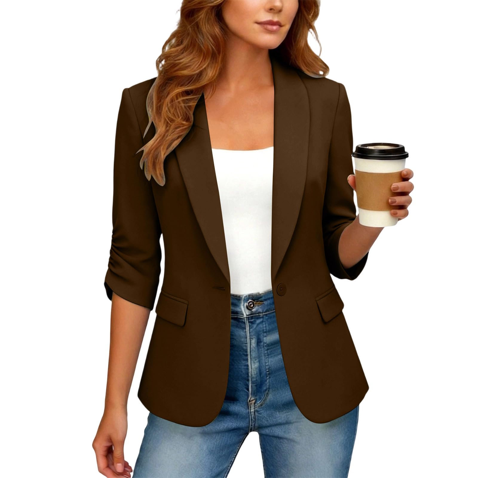Blazer Damen Elegant Anzugjacke 3/4 Ärmel Sportlich Kurzblazer Leichte Arbeit Büro Sommerblazer Bequeme Damenblazer Einfarbig Blazerjacke Casual Geschäft Offene Anzug Mode Übergangsjacke