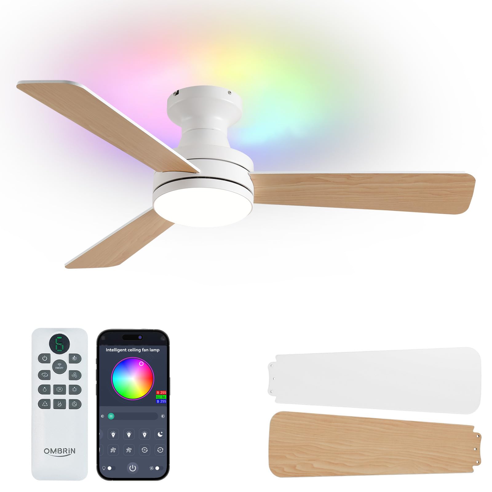 Photo 1 of Ombrin 42 Inch Ceiling Fan with RGB Light, Reversible DC Motor, White