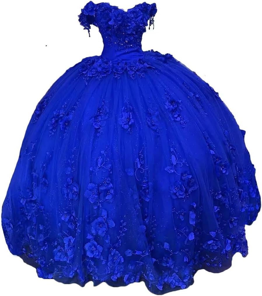 Asulla Women's 3D Flower Off Shoulder Quinceanera Prom Dress with Train Beads Sweet 16 Puffy Ball Gowns