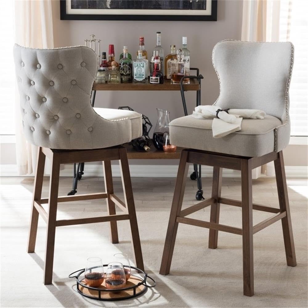 Pemberly Row Bar Stool Chair Set of 2 in Beige | Seat Height 44.49" | with Rotating Semi-Circle Seat, Footrest, Backrest | Indoor for Dining Room Kitchen Bar Table
