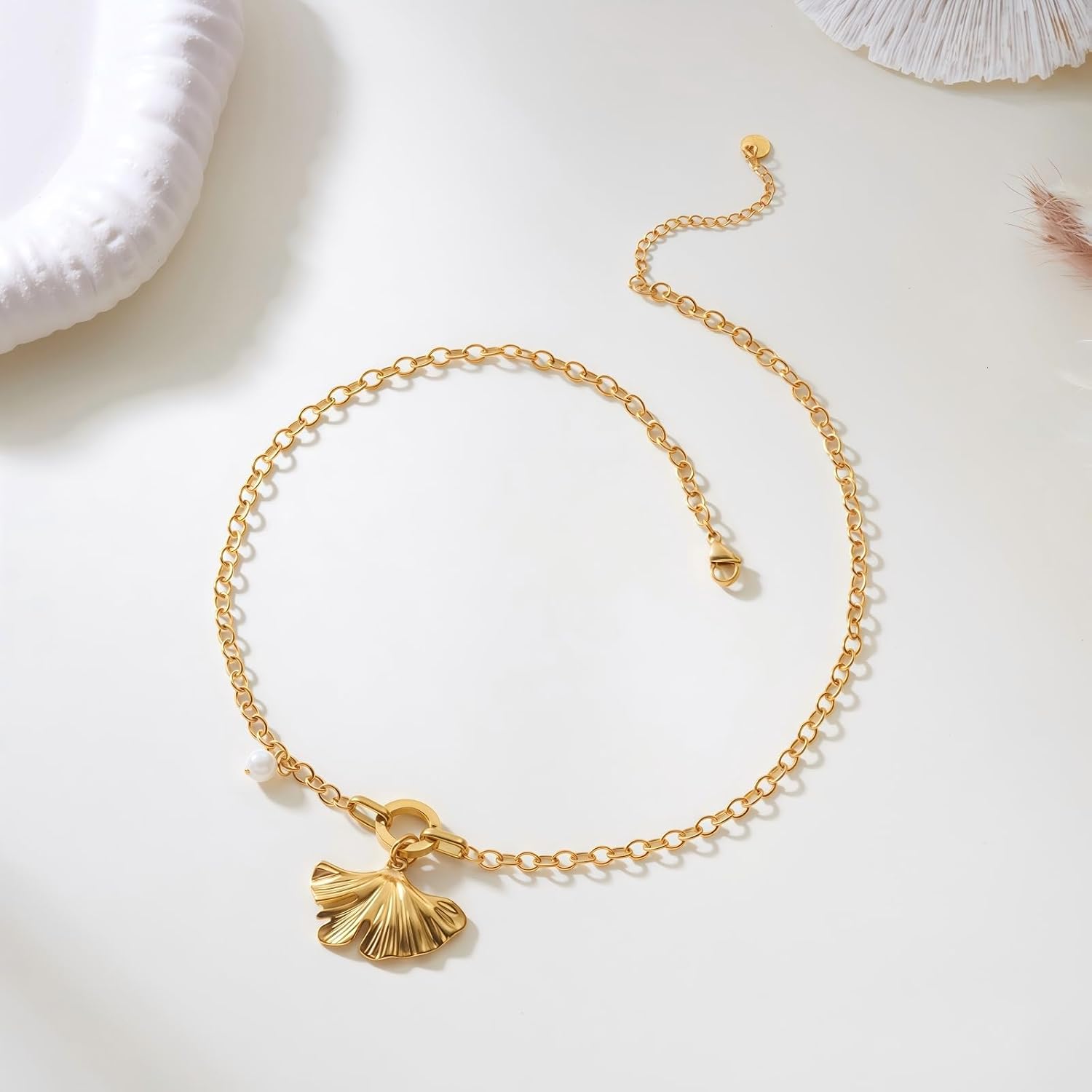 Harlermoon Ginkgo Leaf Pendant Necklace for Women, 18K Gold Plated Stainless Steel Dainty Choker, Waterproof Hypoallergenic Jewelry Gift with Pearl Accent