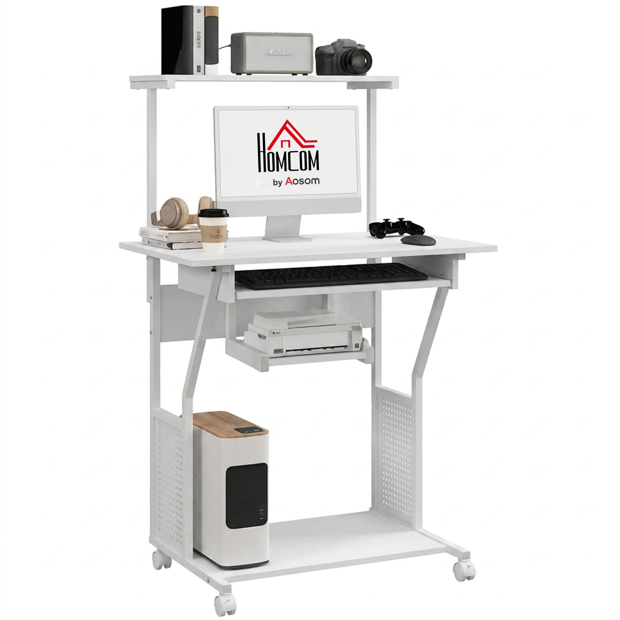 HOMCOM Bureau d'Ordinateur avec Rangement Roulant 80 x 50 x 130 cm Blanc