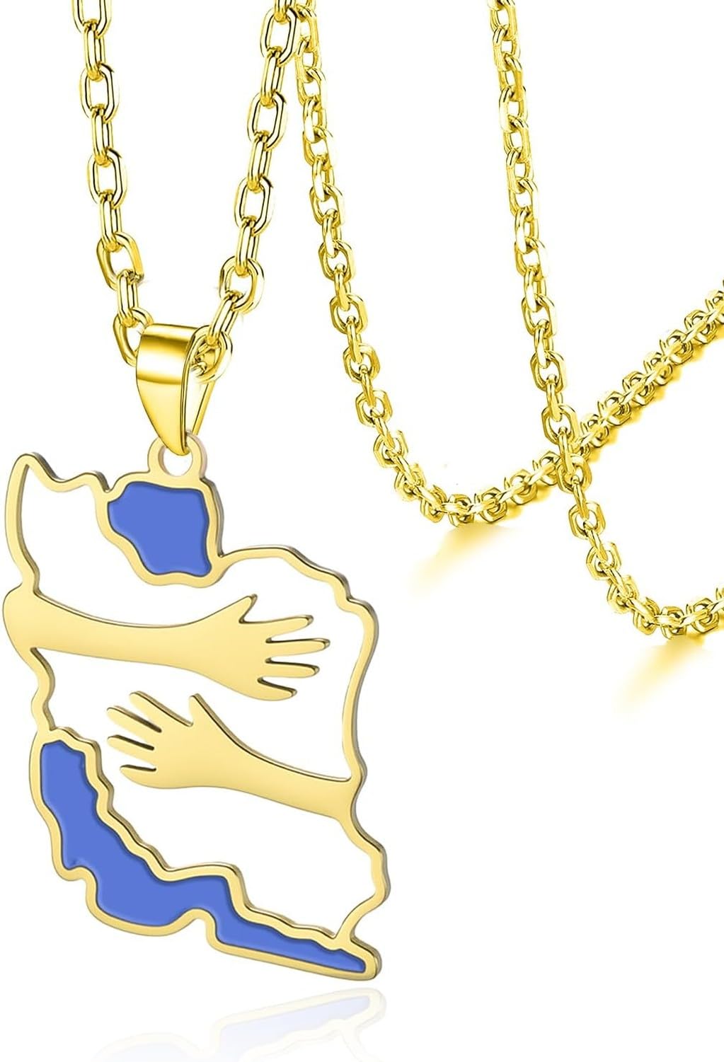 GIOFEOIK Iran Map Pendant Necklace with Dove Flag Colour CZ Stainless Steel Persian Patriotic Jewellery Gift for Women Men, Gold 2