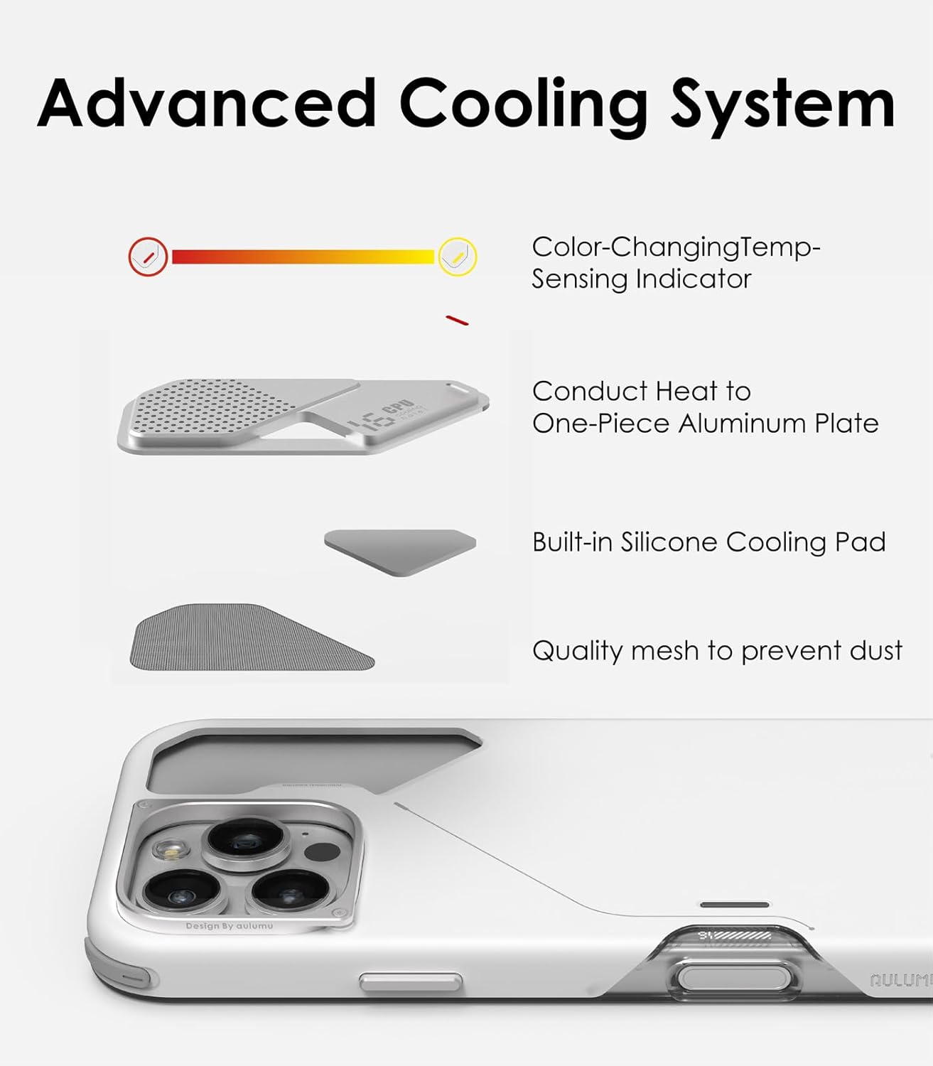 Aulumu A16 Shockproof iPhone 16 Pro Case | Updated Camera Control | Real Cooling | Aluminum Alloy Camera Frame | Multi-Layer Composite Protection - White - Image 4