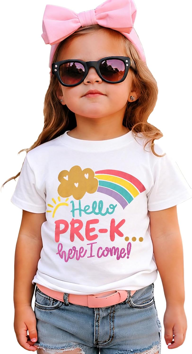 GLIGLITTR Pre-K Here I Come Preschool Shirt for Girls First Day of Prek School Tshirt Cute Rainbow Outfits Back to School Tee