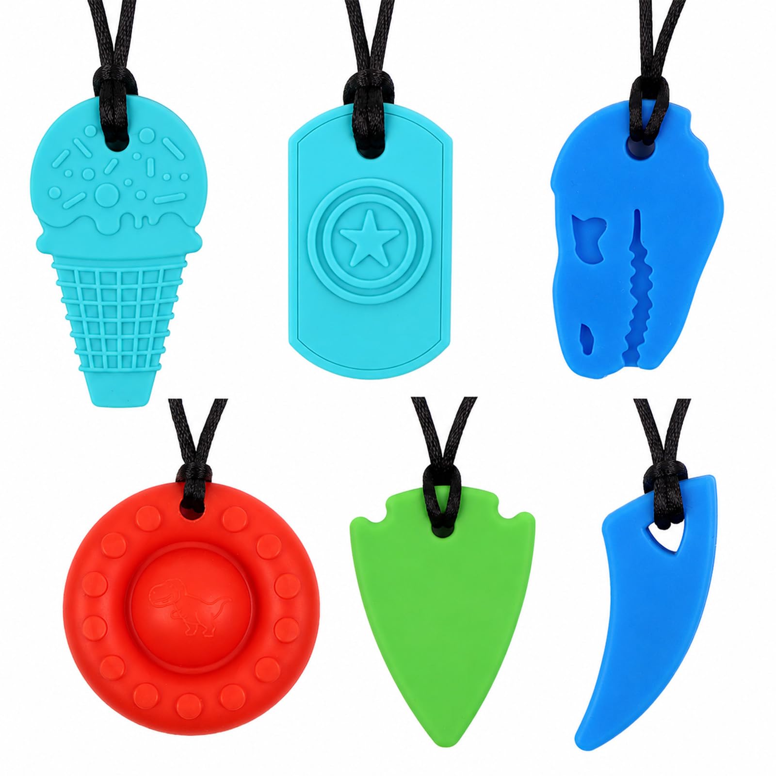 KASURE 6PCS Sensory Chew Necklaces for Kids Shapes Silicone Chew Necklace
