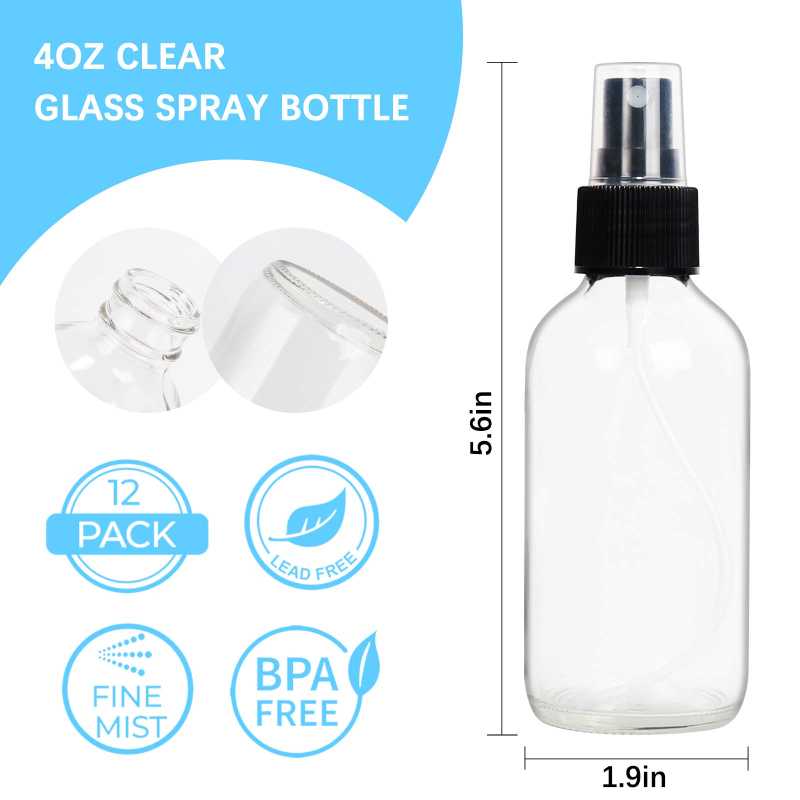 STARSIDE 12 Stück 120 ml klare Glas-Sprühflaschen mit feinem Sprühnebel und Staubkappe für ätherische Öle, Parfums, Reinigungsmittel. Inklusive 1 Bürste, 2 Trichter, 2 Pipetten und 18 Etiketten.
