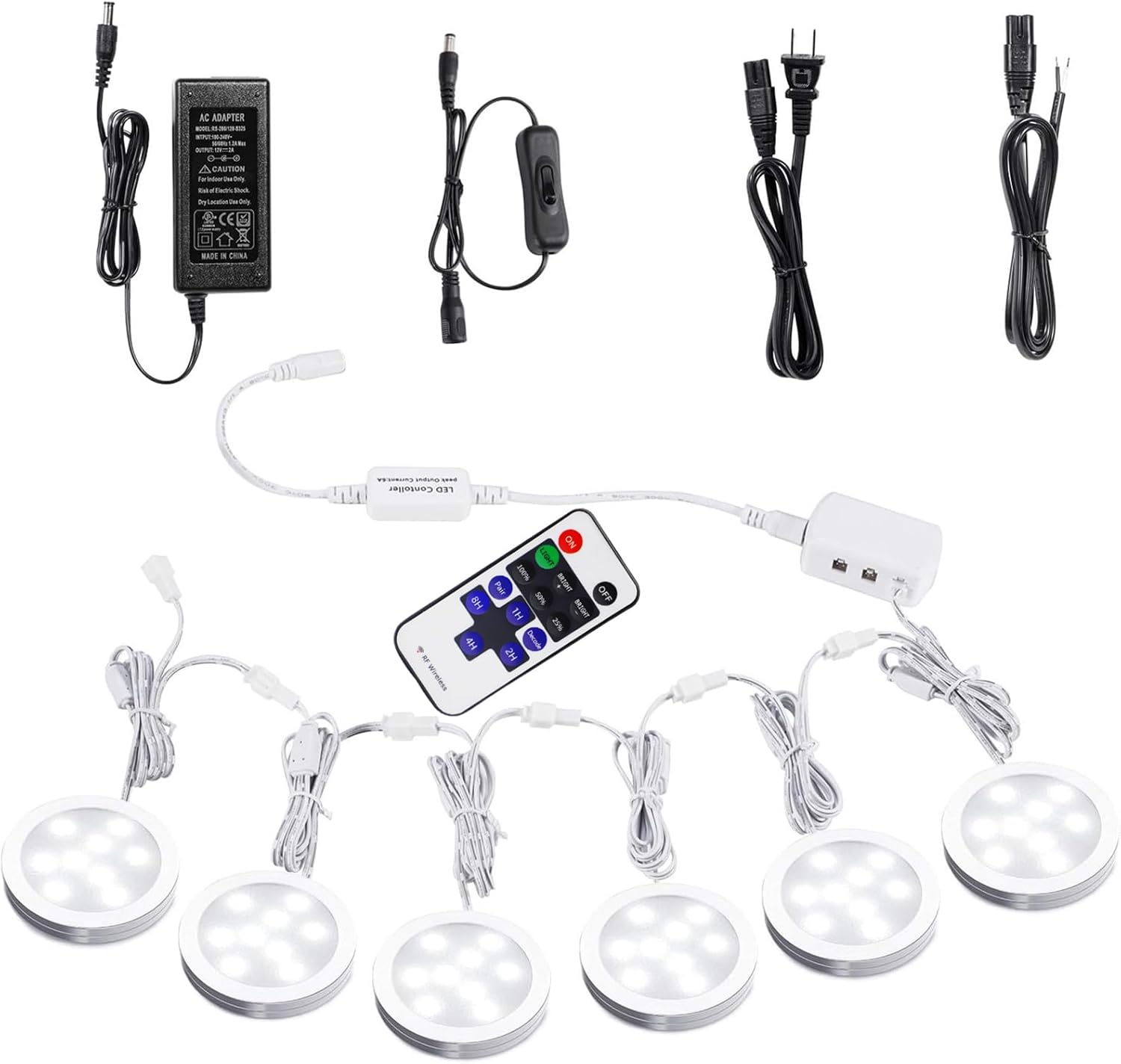 AIBOO Linkable Under Cabinet LED Lighting 12V Dimmable Puck Lights with Wireless RF Remote Control, Hardwired & Wall Plug in for Counter Lighting(6 Lights, Daylight White)