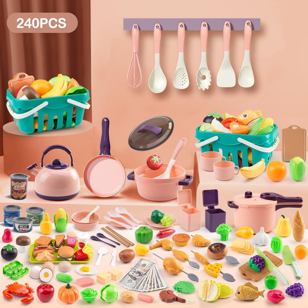 240Pcs Kids Mini Play Kitchen Accessories, Play Pans, Pots, Cookware with Desserts, Cuttable Veggies & BBQ Set & Storage Basket, Prop Money, Learning Gift for Child，Toddlers, Child, Pink - Image 2