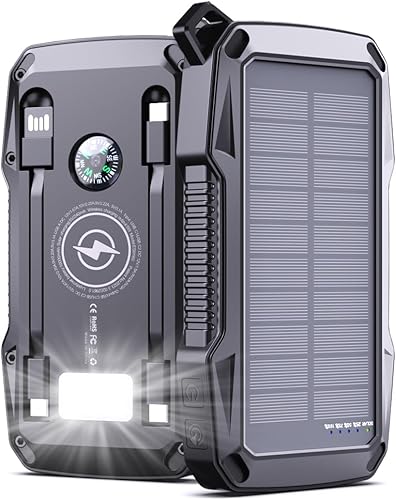 Cargador solar de batería de 10000 mAh, con alarma de seguridad, carga rápida de 22.5 W, cargador de teléfono inalámbrico portátil, cables USB C,