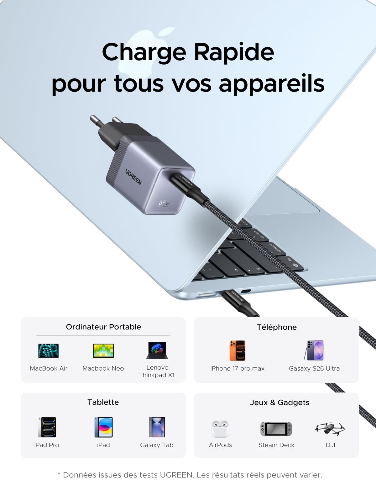 UGREEN Nexode Air 65W Chargeur USB C Rapide GaNInfinity avec Câble Compatible avec iPhone 17 Pro Max 16 Plus 15 14 13 12 Galaxy S26 S25 S24 Pixel 10 9 iPad MacBook Neo Air Pro M5 M4 M3 M2 M1 (Gris) | GaNInfinity Chargeur rapide certifié TÜV pour MacBook A