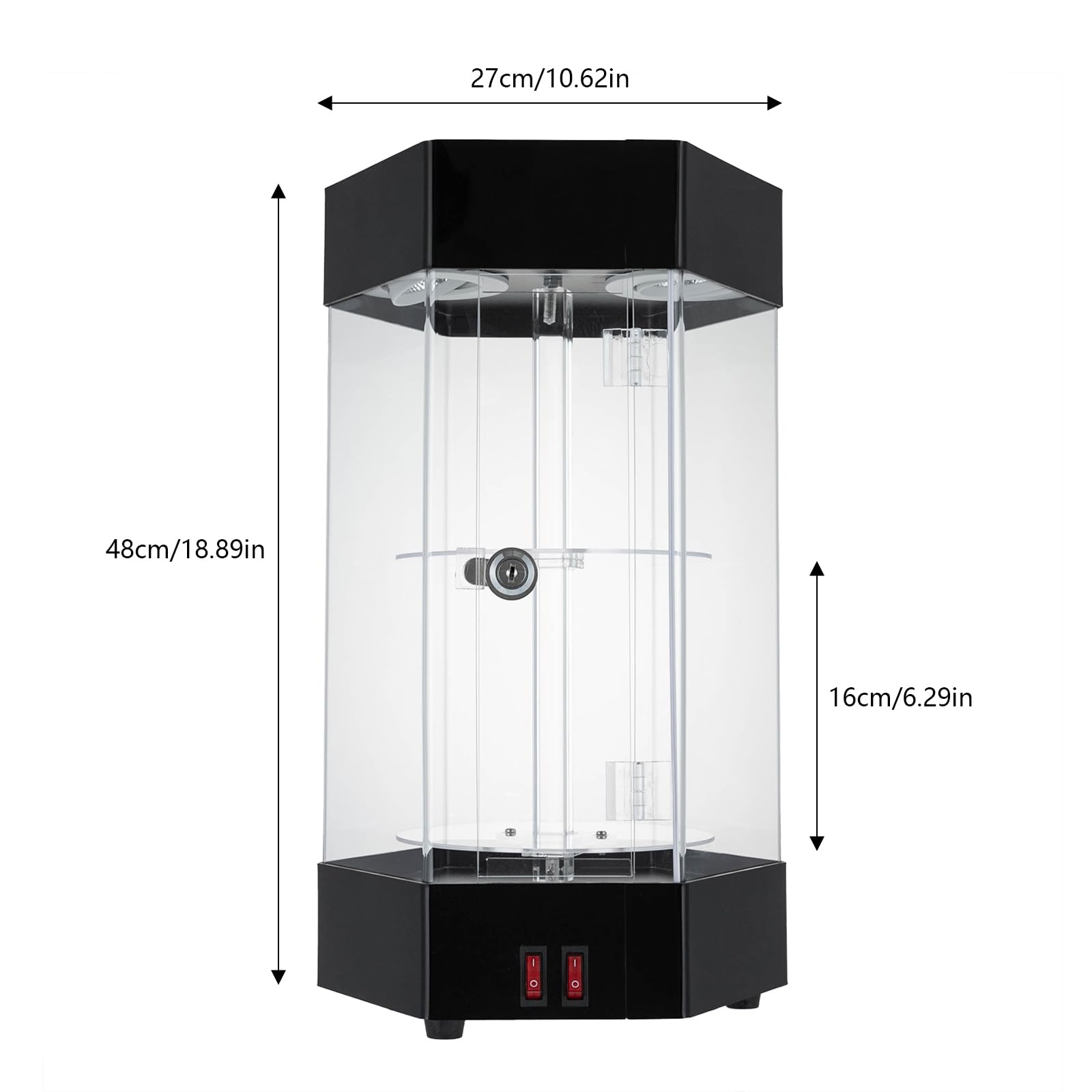 LED Electric Rotating Acrylic Display Case with Lock and Keys,360° Rotating Acrylic Jewelry Display Case,2-Tier Free Standing Electric Rotating Display Case for Cosmetics,Jewelry, Watches, Sunglasses