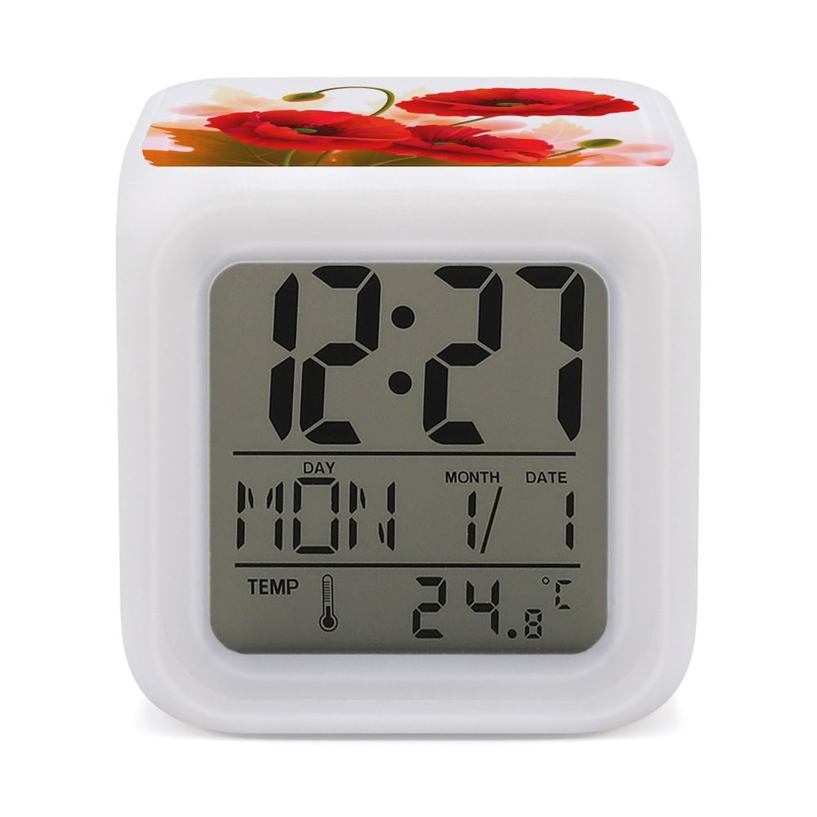 VstaDank Poppy Flowers Vivid Petals Alarm Clocks with 7 Color Changing Night Light Exquisite Bedroom Digital Clocks with LED Temperature Display Desk Clock Ok to Wake Clocks for Heavy Sleeper