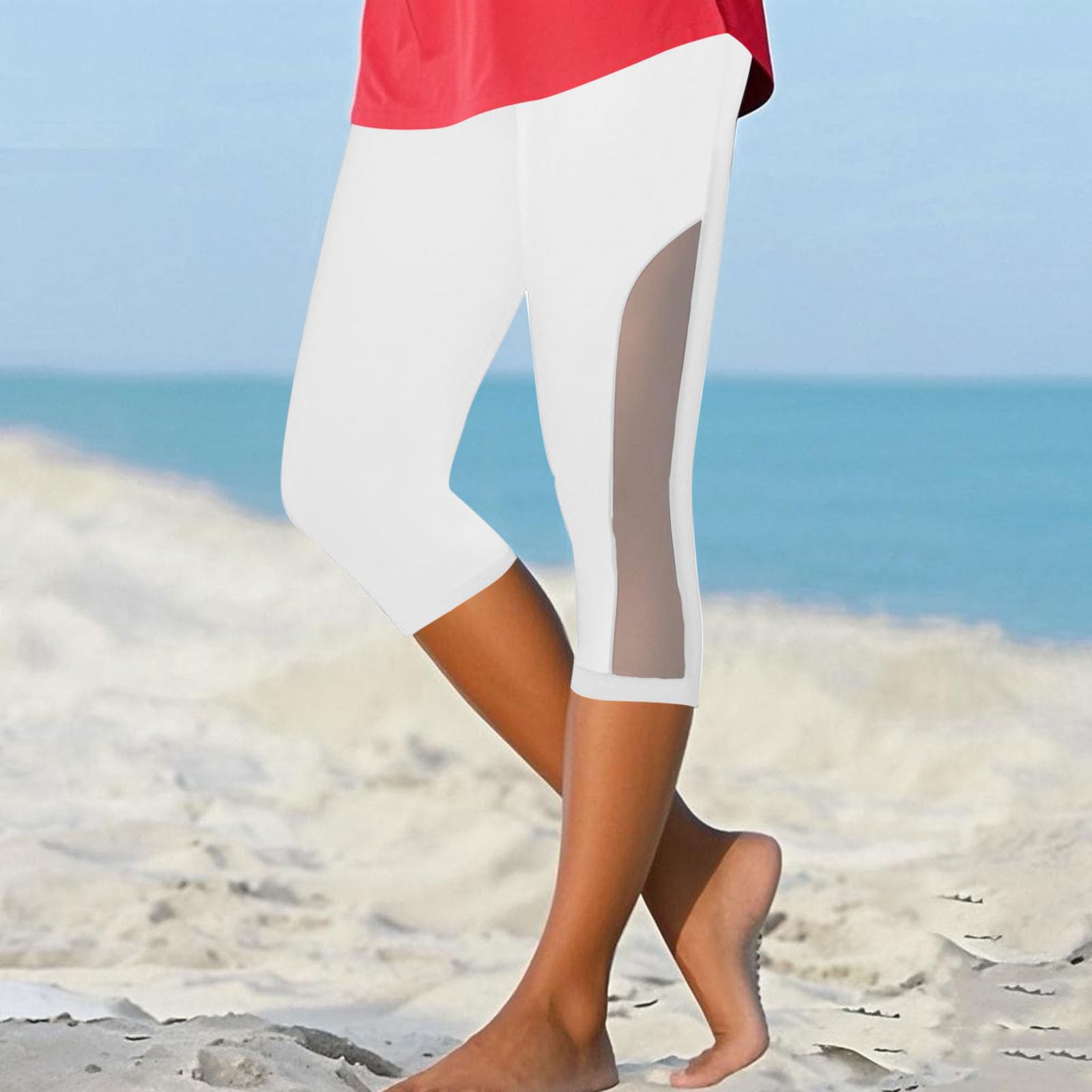 Women Capris Sexy High Cut Sheer Mesh Yoga Cropped Pants Summer Plus Size Workout Slim Bodycon Capris Pant 2025(White,X-Large)